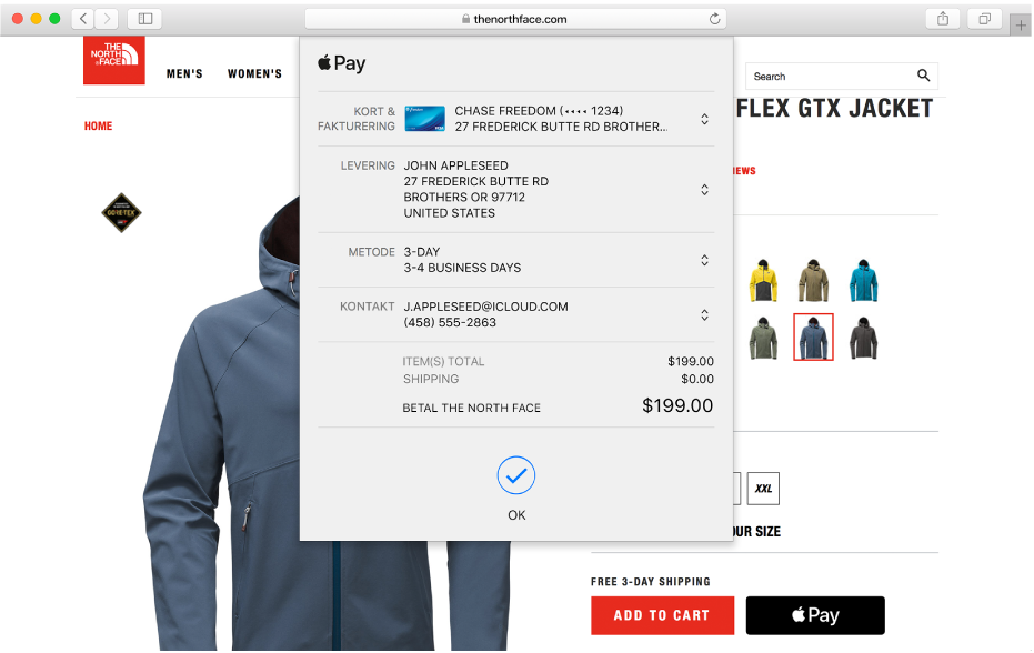 En populær netbutik, der accepterer Apple Pay, og oplysningerne om dit køb, herunder købsprisen og det kreditkort, beløbet opkræves fra, leveringsoplysninger og oplysninger om butikken.