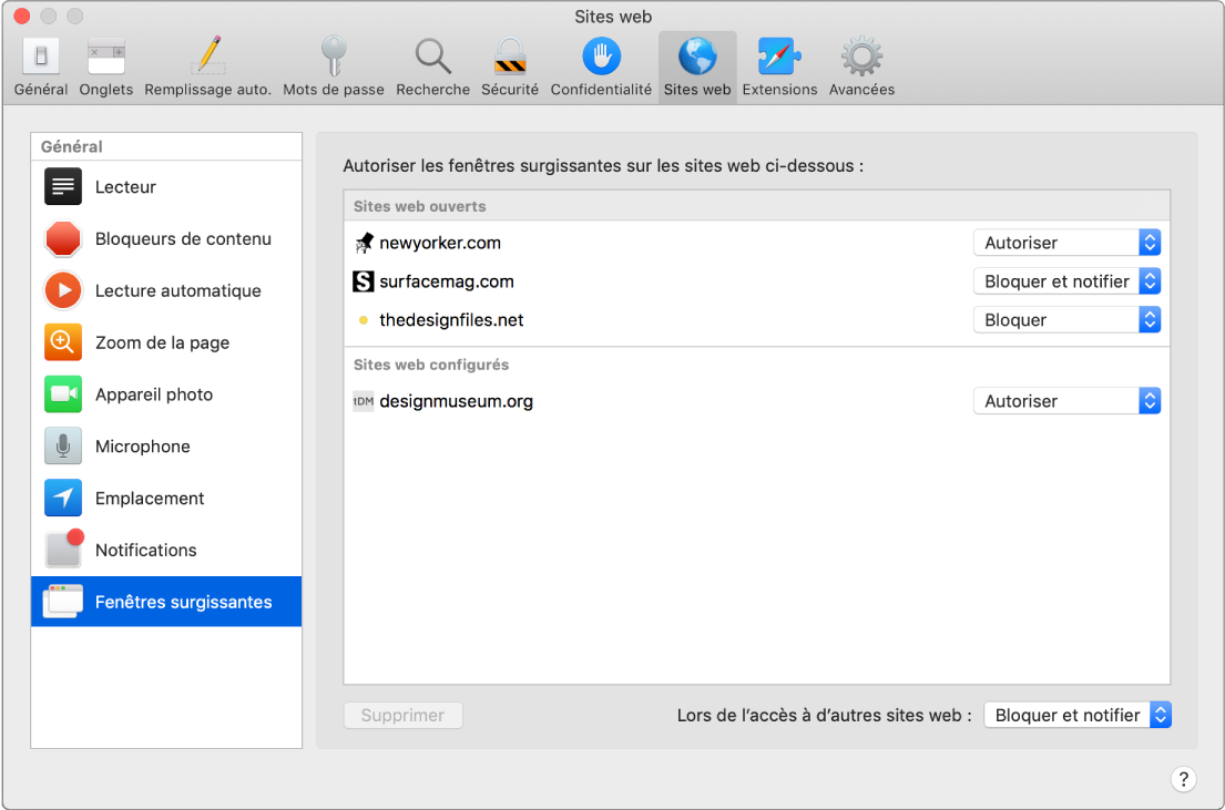 Préférences Sites web, qui vous permettent de personnaliser la façon dont vous parcourez les sites web dans Safari.