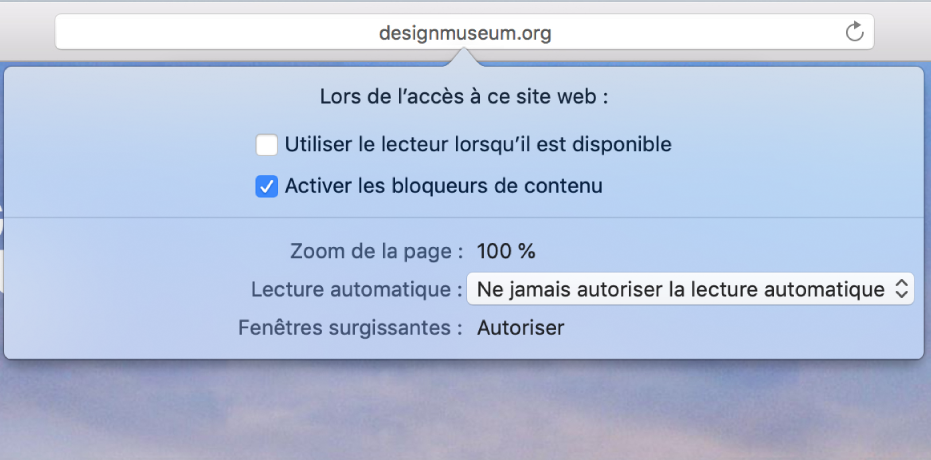 Menu du champ de recherche intelligente affichant les réglages du site web actuel.