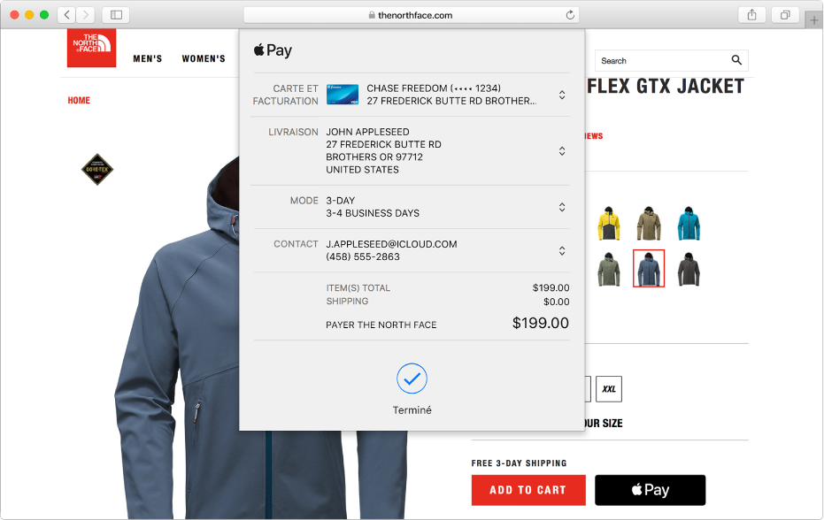 Un site d’achat très visité mettant Apple Pay en avant, et la zone de dialogue qui affiche les détails de votre achat.