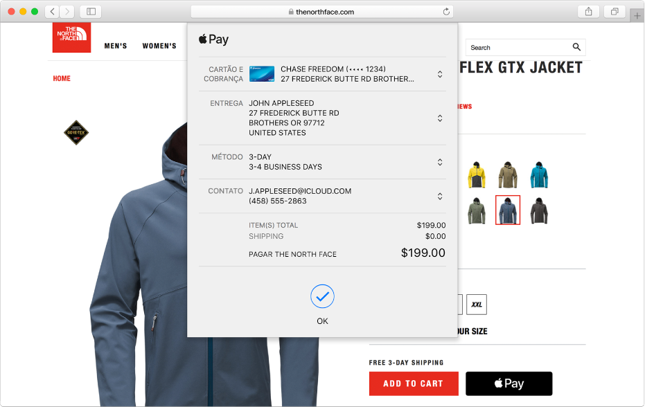 Um site de compras popular que permite Apple Pay e os detalhes da sua compra, inclusive cartão de crédito faturado, informações de envio, informações da loja e preço da compra.