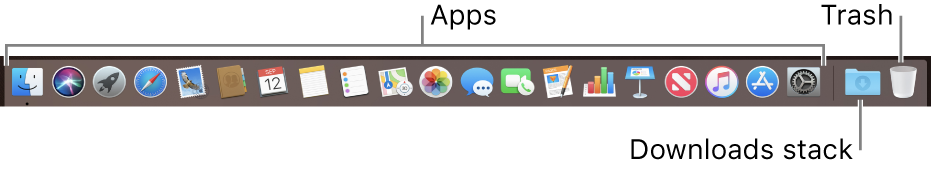 The Dock showing icons for apps, the Downloads stack, and the Trash.