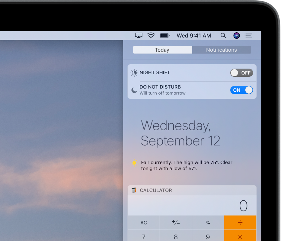 Notification Center showing the button to turn Do Not Disturb on or off.