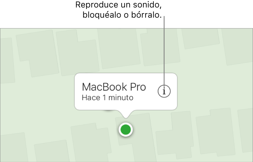 Un mapa en Buscar mi iPhone en iCloud.com mostrando la ubicación de una Mac.