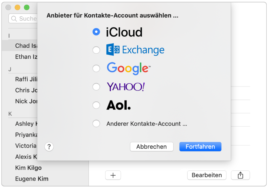 Das Fenster zum Hinzufügen von Internetaccounts zur App „Kontakte“