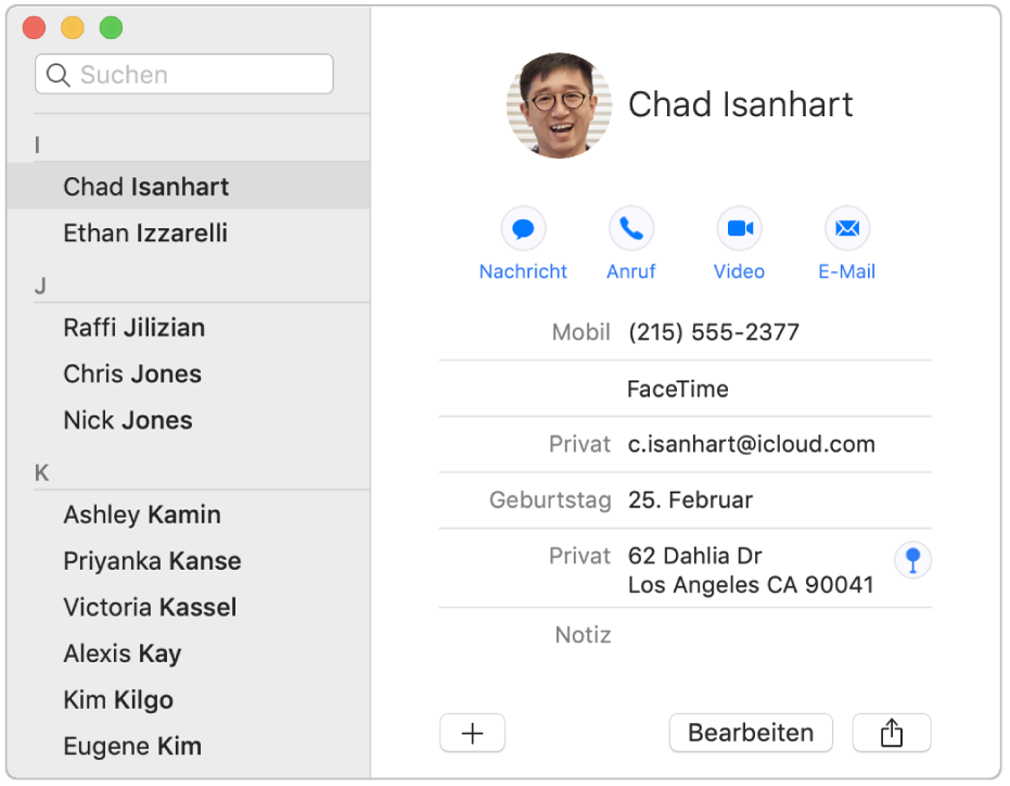 Das Fenster der App „Kontakte“ mit der Taste „Karte“ neben der Adresse