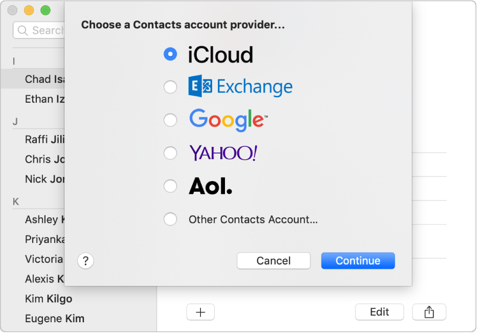 The window for adding Internet accounts to the Contacts app.