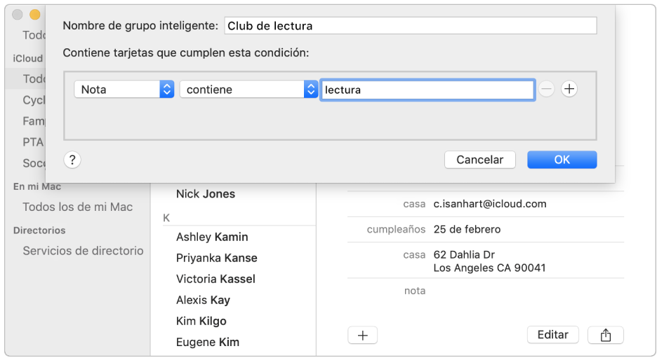 La ventana para agregar un grupo inteligente con un grupo llamado "Club de lectura" que incluye contactos que tienen "lectura" en el campo Nota.
