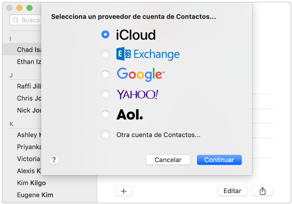 La ventana para agregar cuentas de Internet a la app Contactos.