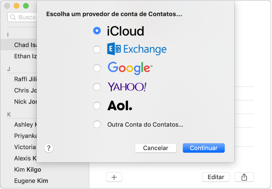 Janela para adicionar contas de Internet ao app Contatos.