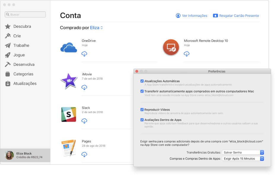 Página da Mac App Store mostrando vários apps prontos para ser transferidos. O painel de Preferências da App Store, mostrado sobreposto ao canto inferior direito da página Conta, tem as opções “Atualizações Automáticas”, “Transferir automaticamente apps comprados em outros computadores Mac”, “Reproduzir Vídeos” e “Avaliações Dentro de Apps” selecionadas. Na parte inferior do painel, há menus locais, onde você escolhe opções de senha para comprar apps e obter transferências gratuitas.