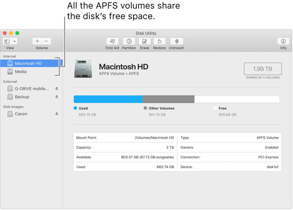 The Disk Utility window showing an APFS container.