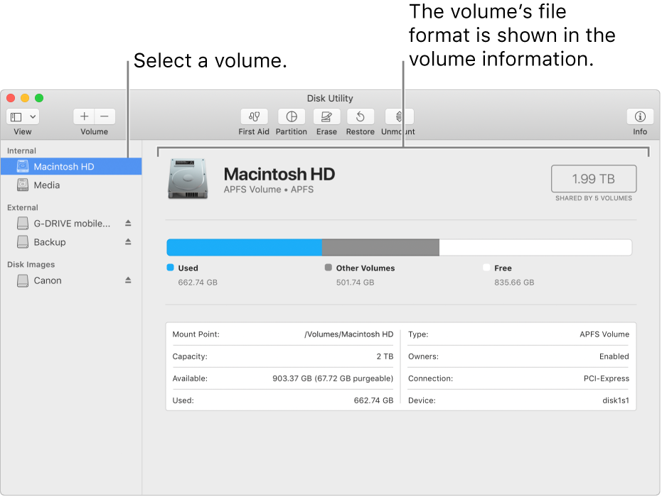 The Disk Utility window showing a Mac OS Extended volume.