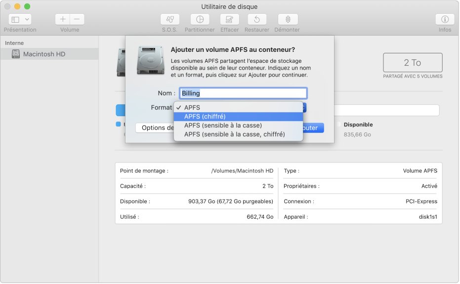L’option APFS (chiffré) dans le menu Format.