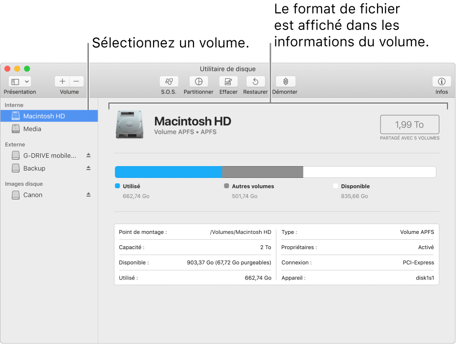 La fenêtre Utilitaire de disque affichant un volume Mac OS étendu.