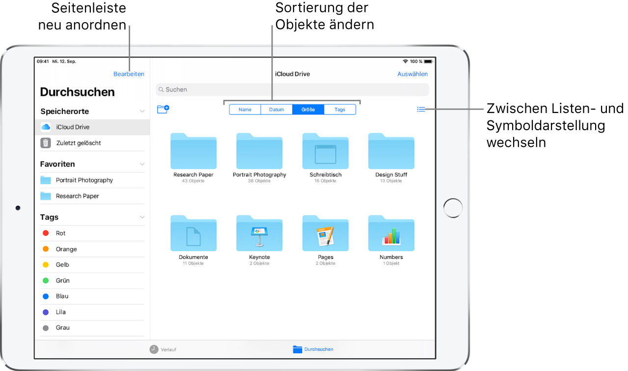 Ein iCloud Drive-Speicherort mit Tasten zum Neuanordnen der Seitenleiste, zum Sortieren nach Name, Datum, Größe oder Tags und zum Wechseln zwischen der Listen- und der Symboldarstellung