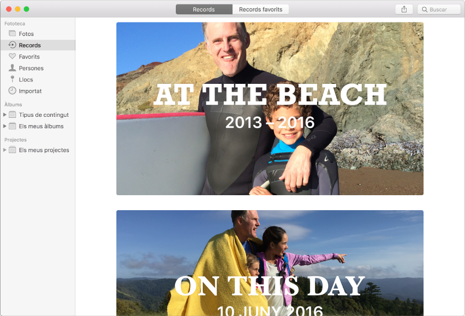 La finestra de l’app Fotos on es mostren records seleccionats a la barra lateral i dos records a la dreta.