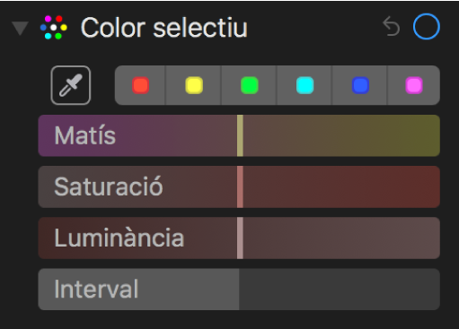 Els controls “Color selectiu” amb els reguladors Matís, Saturació, Luminància i Interval.
