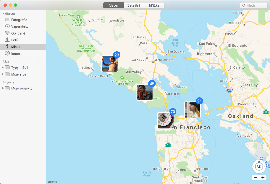 Okno aplikace Fotky s mapou a miniaturami fotografií seskupenými podle místa.