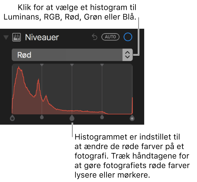 Betjeningsmulighederne for niveau og histogram til ændring af de røde toner i et fotografi.