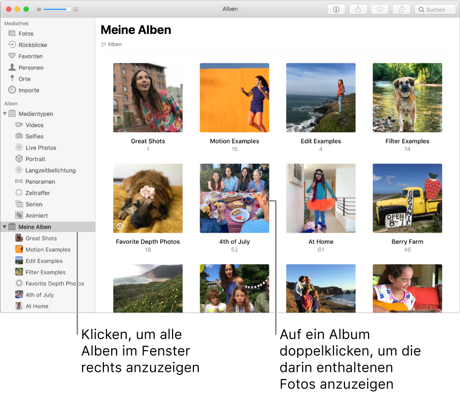 Das Fenster „Fotos“ mit ausgewähltem Ordner „Meine Alben“ in der Seitenleiste und den von dir erstellten Alben auf der rechten Fensterseite