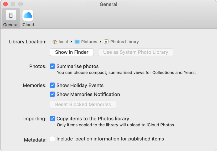 The General pane of Photos preferences.