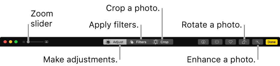 The Edit toolbar showing buttons for making adjustments, adding filters and cropping photos.