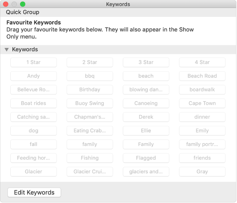 The Keyword Manager window.