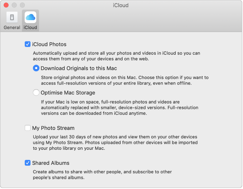 The iCloud pane of Photos preferences.
