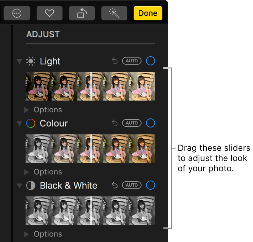 The Light, Colour and Black & White sliders in the Adjust pane. An Auto button appears above each slider.