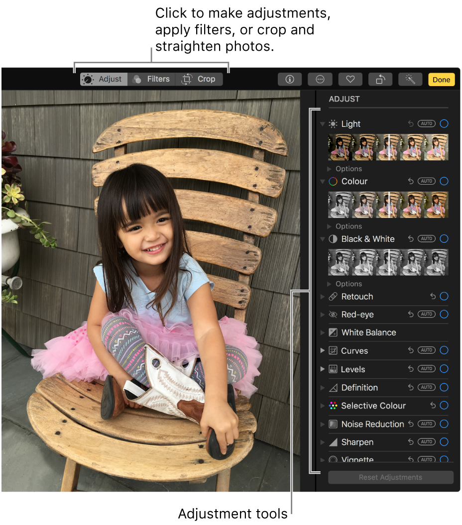 A photo in editing view with editing tools on the right.