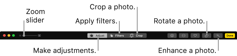 The Edit toolbar showing buttons for making adjustments, adding filters and cropping photos.