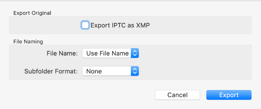 A dialogue showing options for exporting photo files in their original format.