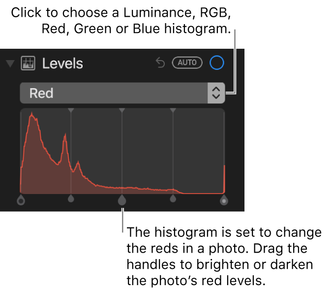 The Level controls and histogram for changing the reds in a photo.