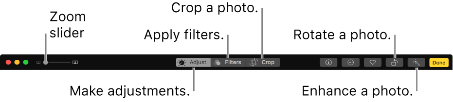 The Edit toolbar showing buttons for making adjustments, adding filters, and cropping photos.