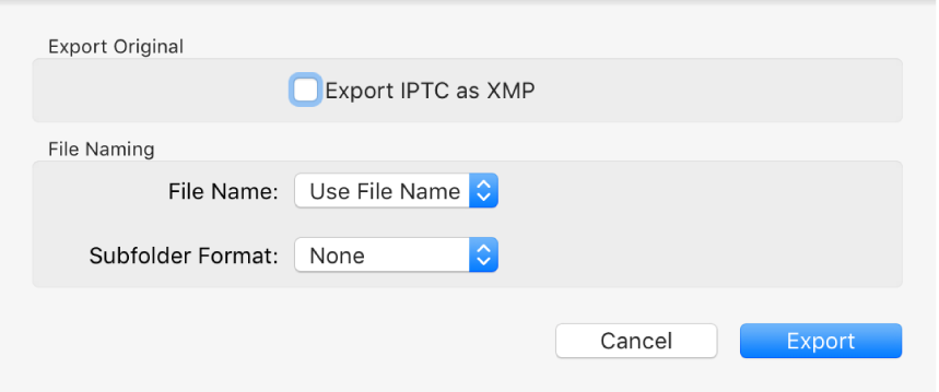 A dialog showing options for exporting photo files in their original format.