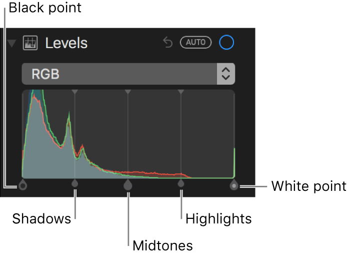 The Levels controls along the RGB histogram, including (from left to right) black point, shadows, midtones, highlights, and white point.