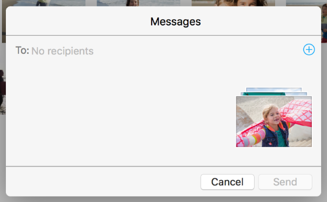 A dialog for adding recipients when sharing photos from the Photos app using Messages.