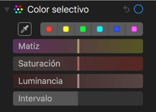 Los controles “Color selectivo” mostrando los reguladores Matiz, Saturación, Luminancia y Rango.
