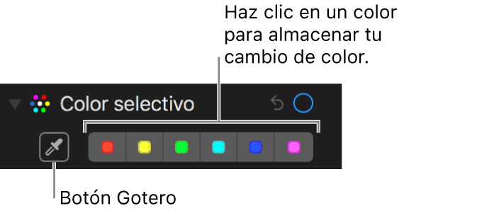 Los controles “Color selectivo” mostrando el botón Gotero y las paletas de colores.