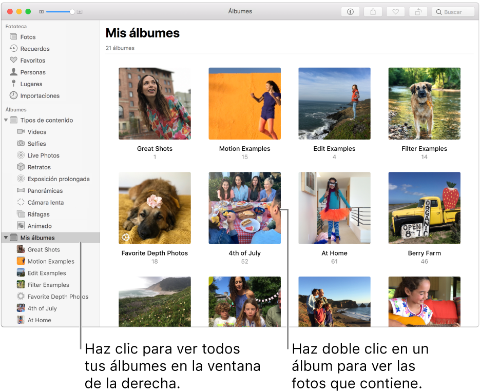 La ventana de Fotos con “Mis álbumes” seleccionado en la barra lateral, y los álbumes que creaste se muestran en la ventana a la derecha.