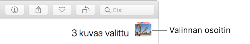 Valintailmaisin, joka näyttää, että kolme kuvaa on valittu.