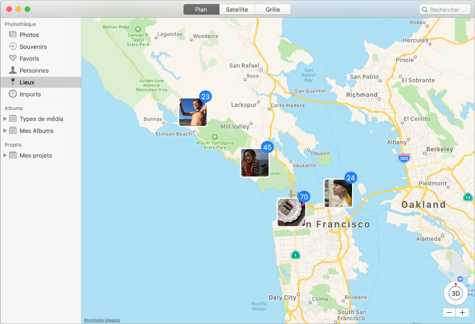 Fenêtre Photos présentant un plan avec des vignettes de photo regroupées par lieu.