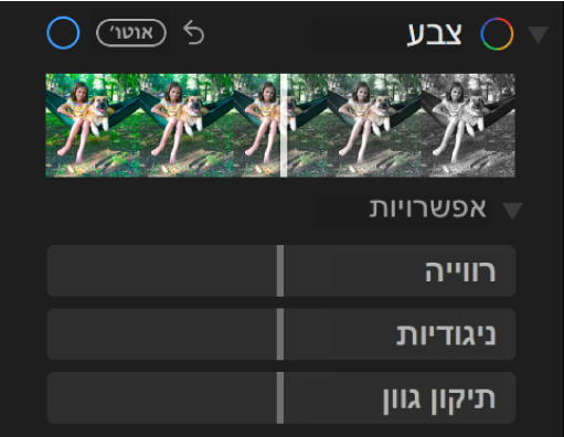 האזור ״צבע״ בחלונית ״התאם״, המציג מחוונים של ״רוויה״, ״ניגודיות״ ו״סטיית צבעים״.