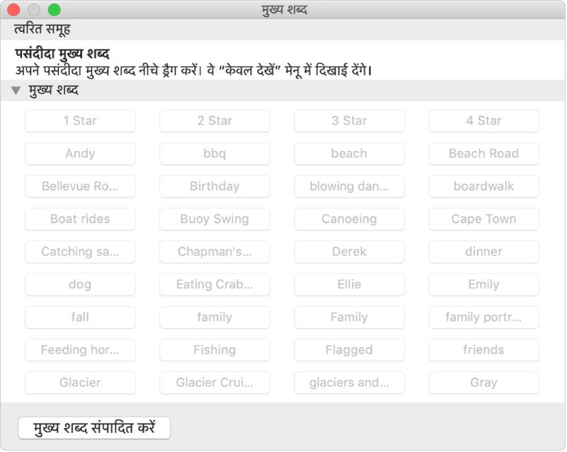 कीवर्ड मैनेजर विंडो।