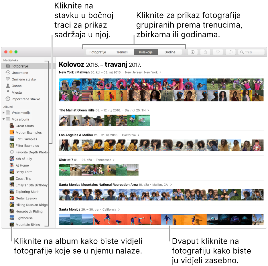 Prozor aplikacije Foto prikazuje fotografije organizirane prema kolekciji.