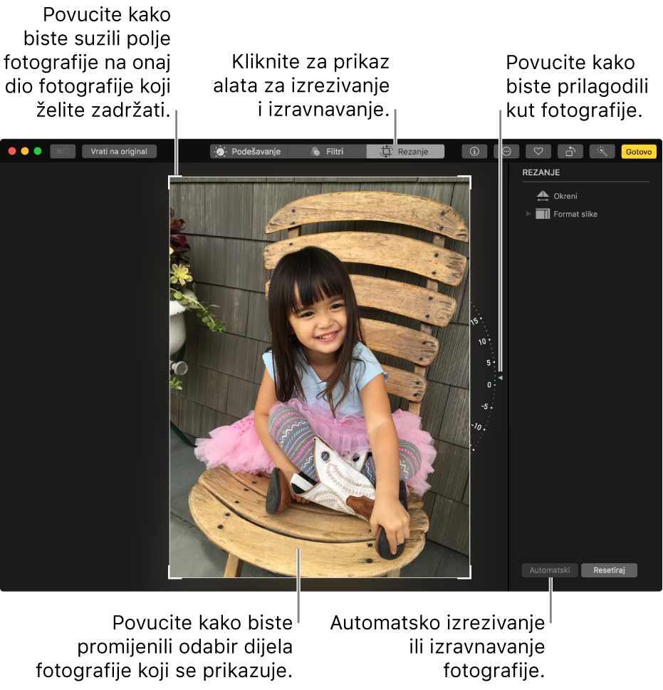 Fotografija u prikazu za uređivanje koja prikazuje opcije za izrezivanje i izravnavanje.