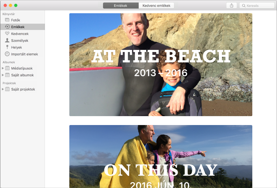 A Fotók ablaka az oldalsávon a kiválasztott Emlékekkel, a jobb oldalon két emlék látható.