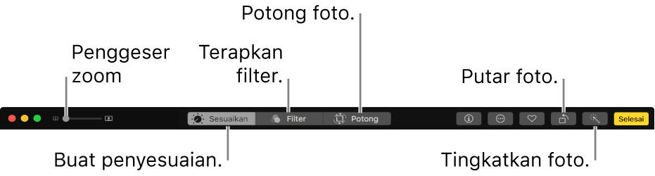 Bar alat pengeditan menampilkan tombol untuk membuat penyesuaian, menambahkan filter, dan memotong foto.