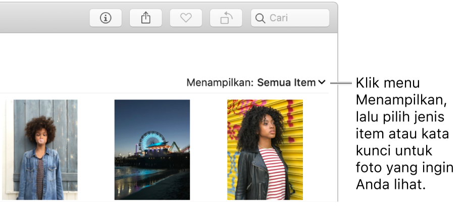 Menu pop-up Menampilkan diatur untuk menampilkan semua item.